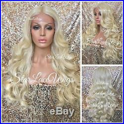 Lace Front Wig Platinum Blonde Human Hair Blend Long Body Wave Curly Heat Ok
