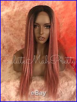 100% Human Hair Blend Pink Ombre Multi Tone Straight Lace Front Wig