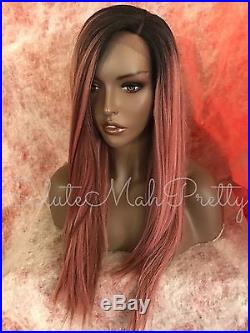 100% Human Hair Blend Pink Ombre Multi Tone Straight Lace Front Wig