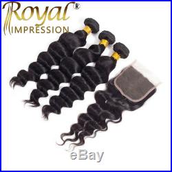 10A Brazilian Human Hair Extensions Loose Wave 3 Bundles With Closure Free Part