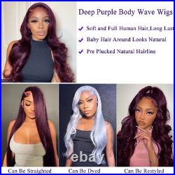 13x4 Dark Burgundy Body Wave Lace Front Wig Human Hair Deep Purple Wig For Women
