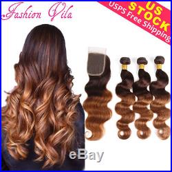 3 Bundles 300g With 4×4Closure Brazilian Virgin Human Hair Extensions Ombre Wave