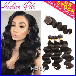 3 Bundles With 4×4 Lace Closure Brazilian Human Hair Extensions Body Wave Black
