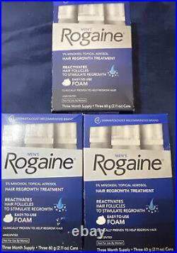 3 ROGAINE MENS FOAM UNSCENTED 3M ea 5% Minoxidil Hair Regrowth 4/24+ Box As Is