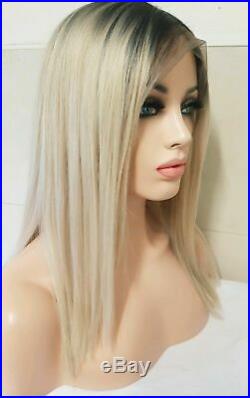 Blonde Human Hair Wig, Bleach Blonde, Short Bob Centre Part Ombre lace front Wig