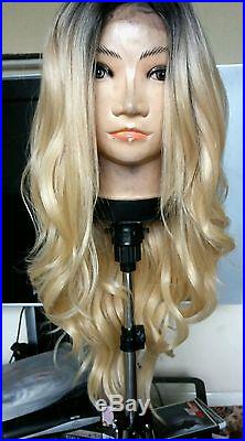 Blonde Human Hair Wig, Real Hair, Hair Blend, Long, Ombré, Dark Roots Lace Front