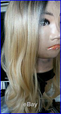 Blonde Human Hair Wig, Real Hair, Hair Blend, Long, Ombré, Dark Roots Lace Front