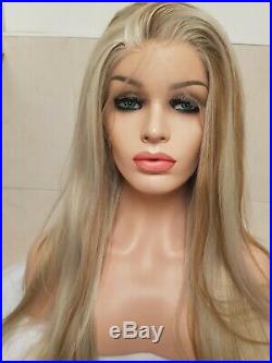 Blonde Human Hair wig, Hand Knotted, Lace Front Highlights Auburn Brown Long