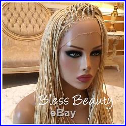 Blonde long braided Micro Box Braide Hair lace front wig. Human Blend
