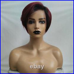 Brazilian Human Hair Ombre Burgundy Pixie Cut Red 13X6 Lace Front Wigs 6inch
