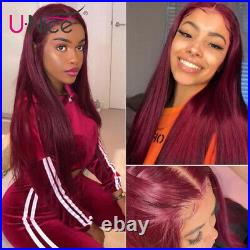 Brazilian Straight Human Hair Lace Part Front Wig Burgundy Color 99J Full 20 US