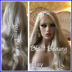 Brown Highlight Light Blonde Wavy European Human Hair Blend. Lace Front Wig