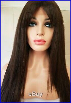 Brown Human Hair Wig Long Dark Brown Fringe Long Bangs Lace Front Colour 4