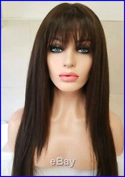 Brown Human Hair Wig Long Dark Brown Fringe Long Bangs Lace Front Colour 4