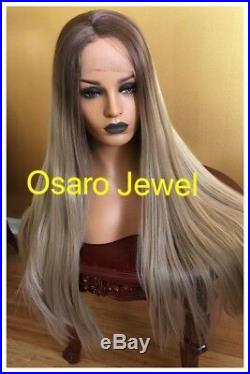 Full European Ashy Blonde Brownish Straight Hair Ombre Lace Front Wig. Human