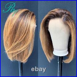 Highlight Honey Blonde Pixie Short Bob Cut Blunt Lace Front Human Hair Wigs Remy