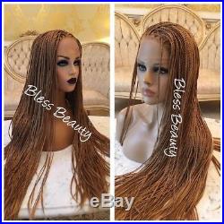 Honey Blonde long braided Micro Box Braide lace front wig. Human Hair Blend