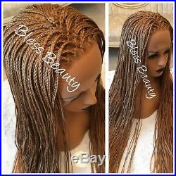 Honey Blonde long braided Micro Box Braide lace front wig. Human Hair Blend