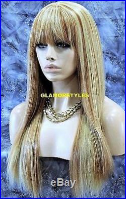 Human Hair Blend Layered Straight w Bangs Blonde Mix Full Wig Heat Ok Hair Piece