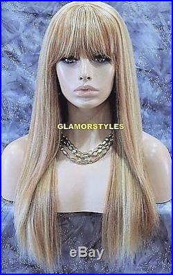 Human Hair Blend Layered Straight w Bangs Blonde Mix Full Wig Heat Ok Hair Piece