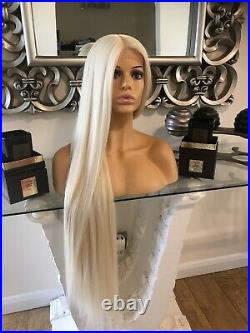 Human Hair Lace Front Blend Wig Long Blonde Wig Bleach Blonde 613