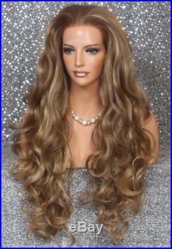 Human hair Blend FREE PART Heat OK Lace Front WIG Curly Long Carmel Mix 014 MS