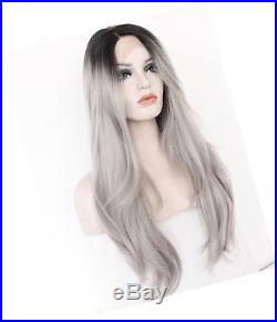 K'ryssma Ombre Gray 2 Tones Synthetic Lace Front Wig Dark Roots Long Natural