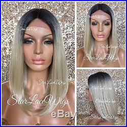 Lace Front Human Hair Blend Wig Platinum Blonde #1b Roots Straight Bob Heat Safe