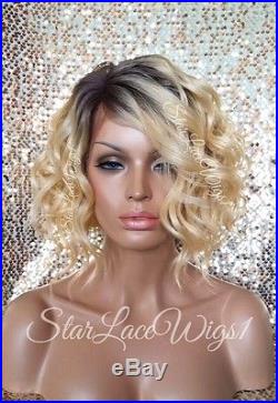 Lace Front Wig Human Hair Blend Bob Golden Blonde Dark Roots Wavy Heat Safe Ok