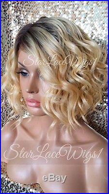 Lace Front Wig Human Hair Blend Bob Golden Blonde Dark Roots Wavy Heat Safe Ok