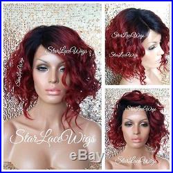 Lace Front Wig Human Hair Blend Bob Red Dark Root Wavy Curly Wigs For Women