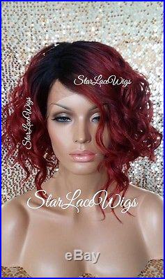 Lace Front Wig Human Hair Blend Bob Red Dark Root Wavy Curly Wigs For Women