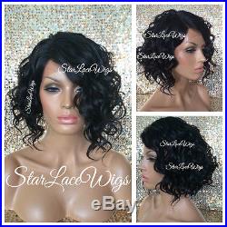 Lace Front Wig Human Hair Blend Bob Wavy Off Black #1b Heat Safe Ok Swiss Lace
