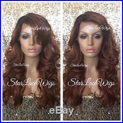 Lace Front Wig Human Hair Blend Curly Bangs Copper Color Dark Roots Heat Safe Ok