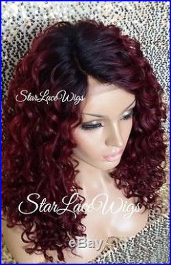 Lace Front Wig Human Hair Blend Curly Burgundy Red Black Dark Roots Heat Safe Ok