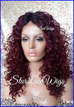 Lace Front Wig Human Hair Blend Curly Burgundy Red Black Dark Roots Heat Safe Ok