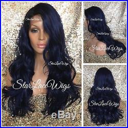 Lace Front Wig Human Hair Blend Dark Blue Black Roots Loose Curls Heat Safe Ok