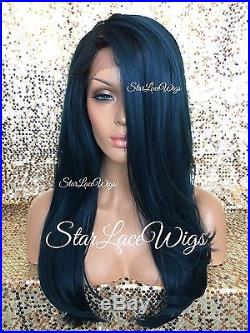 Lace Front Wig Human Hair Blend Dark Green Teal Black Roots Long Heat Safe Women