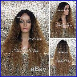 Lace Front Wig Human Hair Blend Deep Wave #27 Dark Root #1 Long Wavy Heat Safe