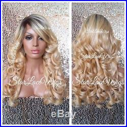 Lace Front Wig Human Hair Blend Golden Blonde Dark Root Curly Bangs Heat Safe Ok