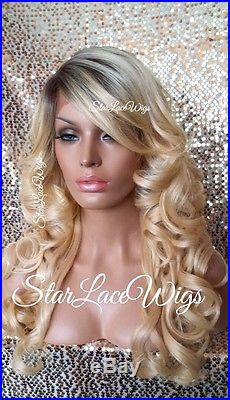 Lace Front Wig Human Hair Blend Golden Blonde Dark Root Curly Bangs Heat Safe Ok