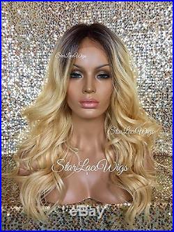 Lace Front Wig Human Hair Blend Golden Blonde Long Wavy Curly Dark Roots Heat Ok