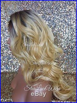 Lace Front Wig Human Hair Blend Golden Blonde Long Wavy Curly Dark Roots Heat Ok