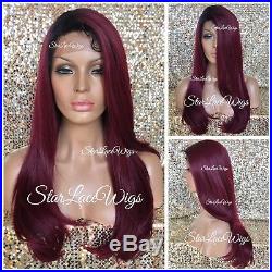 Lace Front Wig Human Hair Blend Long Straight Burgundy Dark Roots Heat Safe Red