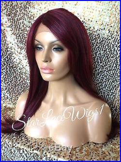 Lace Front Wig Human Hair Blend Long Straight Red Burgundy Bangs Heat Safe Ok
