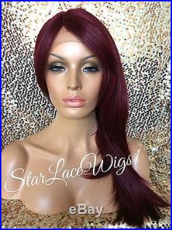 Lace Front Wig Human Hair Blend Long Straight Red Burgundy Bangs Heat Safe Ok