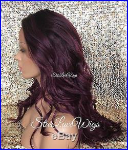Lace Front Wig Human Hair Blend Long Wavy Curly Plum With Dark Root Heat Safe Ok