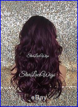 Lace Front Wig Human Hair Blend Long Wavy Curly Plum With Dark Root Heat Safe Ok