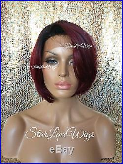Lace Front Wig Human Hair Blend Red Burgundy Bob Dark Root Straight Heat Safe Ok