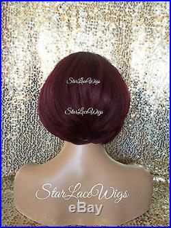 Lace Front Wig Human Hair Blend Red Burgundy Bob Dark Root Straight Heat Safe Ok